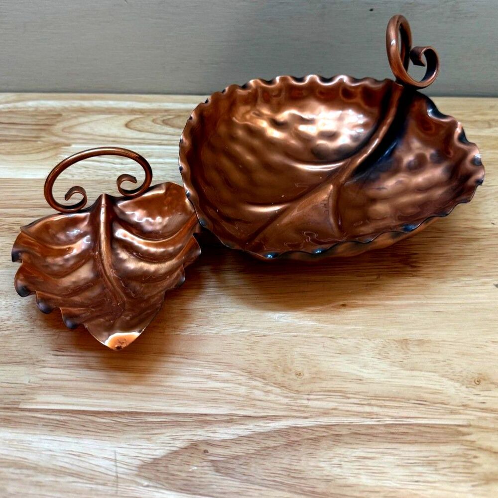 Vintage Gregorian Solid Hammered Copper Leaf Bowls (2) Curled Twist Handles